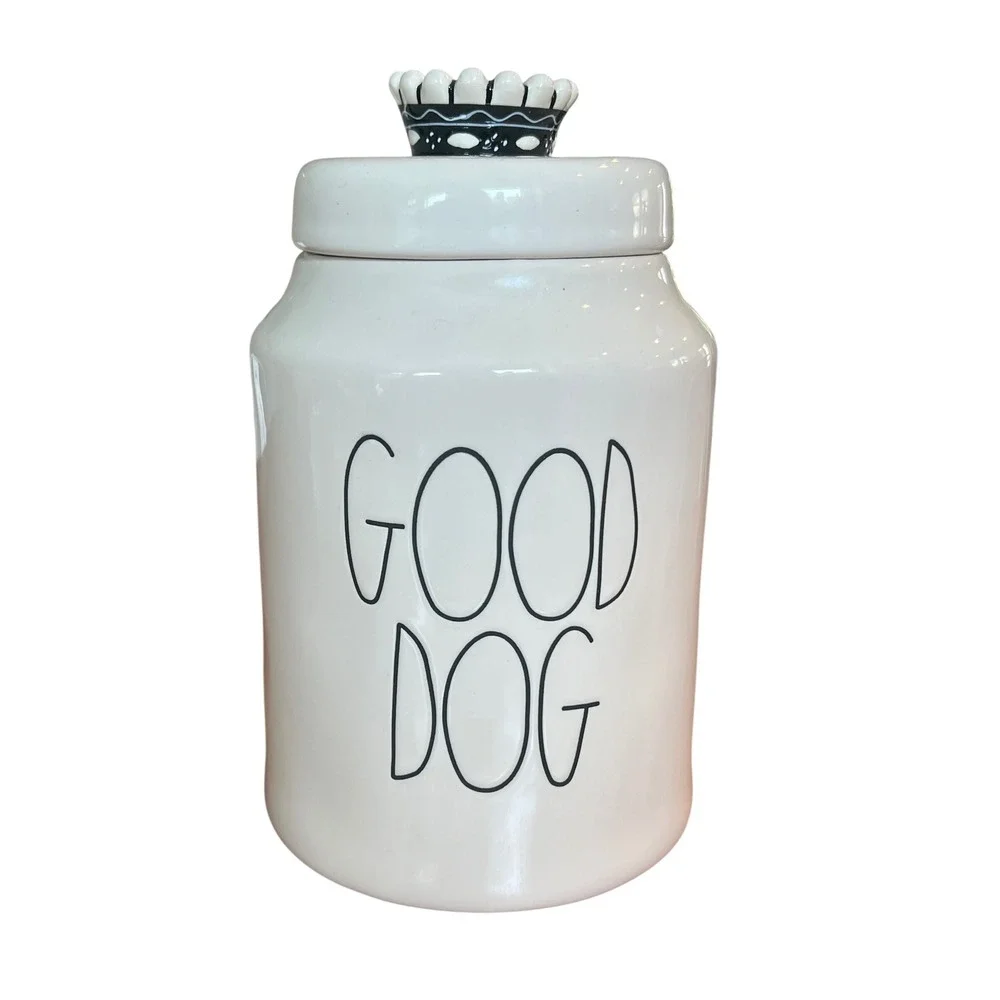 Rae Dunn GOOD DOG Ceramic Pet Treat Canister White Black Crown Lid Magenta